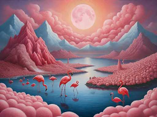 The image depicts a pink flamingo standing on one leg with its wings spread out, surrounded by a group of other pink flamingos and mountains in the background. The sky above is painted in shades of pink and orange, creating a warm and inviting atmosphere.