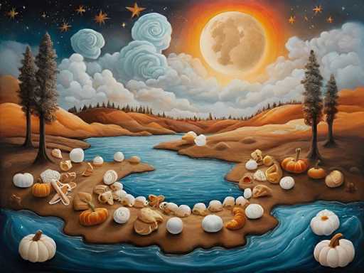 This surreal painting depicts a whimsical, dreamlike landscape. The central focus is a serene, calm body of water nestled amidst rolling, orange hills dotted with pine trees.  A large, glowing moon dominates the sky, casting a warm light on the scene. Scattered seashells and pumpkins are artfully placed along the water's edge, creating a sense of abundance. The style is fantastical and illustrative, with soft, blended colors and an emphasis on gentle curves and atmospheric perspective.