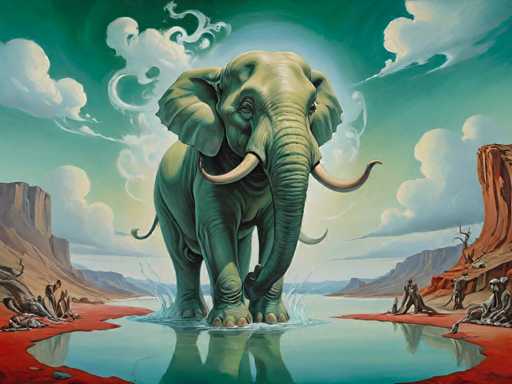 The image depicts an elephant standing on its hind legs and splashing water from a river onto the ground. The background features a desert landscape with mountains and trees.