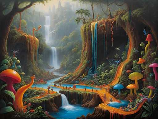 The image depicts a vibrant and colorful jungle scene with various elements such as trees, plants, and animals. The sky is filled with clouds, adding depth and atmosphere to the painting. In the foreground, there are two waterfalls cascading down into a river that flows through the center of the image. On either side of the river, there are several people walking along its banks or standing near it. The colors used in the painting are bright and vivid, with hues ranging from green to orange and blue.