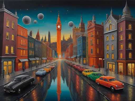 This image is a detailed painting of a nighttime cityscape, likely depicting a scene from the 1950s or 1960s. The sky is a deep blue, adorned with several grayish-white moons and stars. The city is lined with tall, colorful buildings—red, orange, green, blue, and gray—that feature numerous windows and some with awnings. The street below is wet, reflecting the buildings and the prominent clock tower in the background, which resembles Big Ben. The road is bustling with vintage cars from the 1950s, including a black car, a blue car, a yellow car, a green car, and an orange car. The overall scene is vibrant and nostalgic, capturing the essence of mid-20th century urban life.