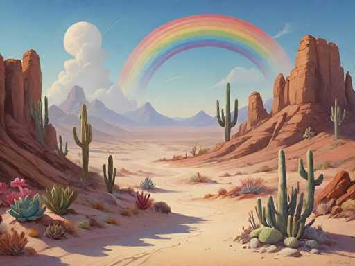 A vibrant, surreal desert landscape bathed in warm sunlight. The scene is dominated by towering, reddish-brown rock formations and rolling sand dunes, with a winding path leading towards the horizon. A large, colorful rainbow arcs across the sky, casting a soft glow on the landscape. Various types of cacti dot the desert floor, adding pops of green and purple to the otherwise muted tones. The sky is a clear, pale blue with fluffy white clouds, and a full moon hangs in the upper left corner. The overall mood is peaceful and dreamlike, with a sense of vastness and tranquility.