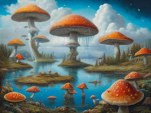 This vibrant, computer-generated image depicts a fantastical landscape dominated by enormous mushrooms. The scene is set against a backdrop of a blue sky filled with fluffy white clouds, some tinged with gray. In the foreground, a variety of mushrooms—some standing upright, others leaning or even submerged in the water—create a surreal, almost magical atmosphere. The water itself is a striking blue, dotted with small islands and patches of grass. The mushrooms vary in color, with some featuring orange caps adorned with white spots, while others are red with white speckles. The overall composition blends elements of nature with an imaginative twist, resulting in a whimsical and enchanting visual experience.