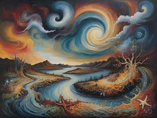 The image depicts an abstract painting with a river winding through it and trees on the left side of the frame. The sky above is filled with clouds, creating a sense of depth and dimension to the scene. The colors used are predominantly blue, orange, and brown, which contribute to the overall moody atmosphere of the artwork.
