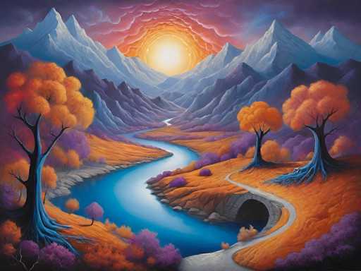 A vibrant, fantastical landscape painting in a digital art style. The scene depicts a winding river flowing through a valley nestled between towering, snow-capped mountains. The foreground features a winding path leading towards the river, flanked by trees with fiery orange and purple foliage. The sky is a dramatic blend of deep purples, oranges, and pinks, with a radiant sun partially obscured by swirling clouds. The overall mood is one of serene beauty and otherworldly wonder, with a focus on rich color palettes and detailed textures.