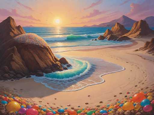A vibrant, surreal beach scene bathed in the warm glow of a setting sun. The foreground is filled with a colorful array of oversized, candy-colored Easter eggs scattered on the sand. Gentle waves lap at the shore, creating a soft, foamy edge where they meet the beach. In the distance, towering rock formations rise from the sand, their surfaces adorned with a mosaic of colorful Easter eggs. The sky is painted in hues of orange, pink, and purple, with soft clouds drifting across the horizon. The overall atmosphere is one of playful fantasy and serene beauty.