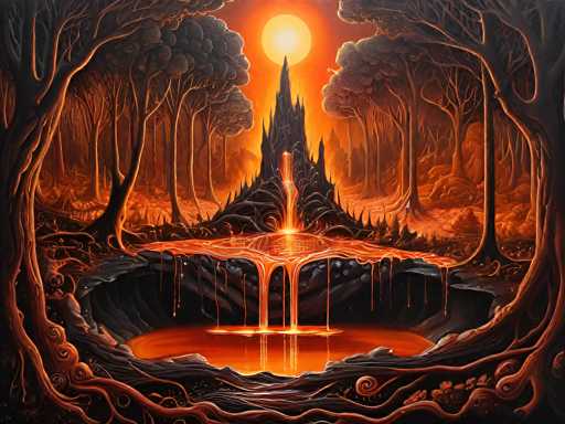 The image depicts a dark, fantastical forest scene with a surreal and eerie atmosphere. At the center of the composition stands a tall, black castle with numerous spires and peaks, emanating an ominous presence. Surrounding the castle is a dense forest of gnarled, twisted trees with sparse foliage, their dark trunks and branches adding to the foreboding ambiance. The ground is covered in a thick layer of what appears to be molten lava or a glowing orange liquid, which seeps and drips from the castle's spires, creating a fiery pool at the base. The sky above is a deep orange, dominated by a large, bright yellow sun that casts an intense light over the entire scene. The overall color palette is dominated by shades of orange, black, and gray, enhancing the otherworldly and sinister mood of the image.