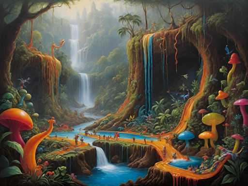 This vibrant, fantastical painting depicts a lush, otherworldly landscape. The main focus is on a winding, glowing orange path snaking through a vibrant, moss-covered forest with cascading waterfalls and fantastical mushroom-like structures. Small, whimsical creatures populate the scene, creating a sense of magical, dreamlike adventure. The art style is highly detailed and imaginative, emphasizing a fantastical, slightly surreal atmosphere with rich color palettes.