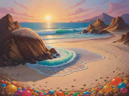 The image depicts a serene beach scene at sunset with a large rock formation on the left side and a body of water filled with waves on the right side. The sky is painted in hues of orange and pink, creating a warm glow over the entire landscape. Scattered throughout the scene are numerous colorful balloons, adding a whimsical touch to the natural beauty of the setting.