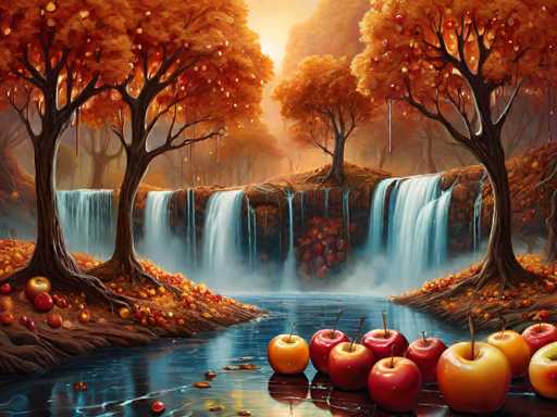 The image depicts an autumn scene with a waterfall cascading down into a river filled with apples and oranges. The trees surrounding the waterfall have leaves of orange and yellow hues, suggesting the season is fall. The sky above is clear blue with scattered clouds.
