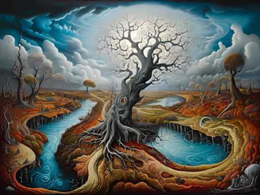 The image depicts an abstract painting featuring a tree with twisted roots and branches growing out of the ground, surrounded by a river and other trees. The colors used are predominantly browns, greens, and blues, creating a sense of depth and dimension in the scene.