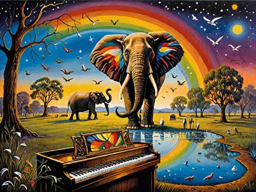 This vibrant painting depicts a whimsical, dreamlike scene of an elephant playing a grand piano in a lush African savanna. The main subjects are the large, majestic elephant and the ornate piano, positioned in the foreground. A colorful rainbow arches across the sky, reflecting on a tranquil pond where birds are gathered. The style is fantastical and illustrative, with a focus on bold colors and imaginative composition, creating a sense of peaceful harmony.