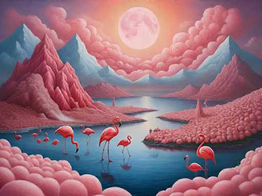 This image is a detailed, computer-generated painting depicting a surreal, dreamlike landscape. The scene features a body of water, possibly a lake or river, with a central island. Surrounding the water are various pink formations that resemble either balls of cotton or clusters of flamingos. In the foreground, a group of flamingos is seen standing in the water, with additional flamingos on the island and in the background.

The landscape is framed by a series of mountains. In the immediate background, there are pink mountains, while further back, blue mountains rise up, creating a layered effect. The sky above is filled with pink clouds, and a large, glowing moon dominates the center, casting a pinkish hue over the entire scene. The overall color palette is predominantly pink, with accents of blue and white, enhancing the fantastical and serene atmosphere of the painting.