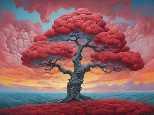 This image is a detailed, computer-generated painting of a fantastical tree set against a surreal landscape. The tree, with its gnarled and twisted gray trunk, branches out in multiple directions, each adorned with vibrant red foliage that resembles cotton balls or clusters of red flowers. The tree stands on a ground covered in the same red, cloud-like substance, creating a cohesive and dreamlike environment. Surrounding the tree is a vast expanse of blue, which could be interpreted as either water or sand, adding to the painting's ethereal quality. In the background, a range of purple mountains stretches across the horizon, beneath a sky that transitions from a light blue at the top to a warm orange near the horizon, suggesting either a sunrise or sunset. The sky is further embellished with pink and white clouds that mirror the tree's red canopy, enhancing the overall fantastical atmosphere of the scene.