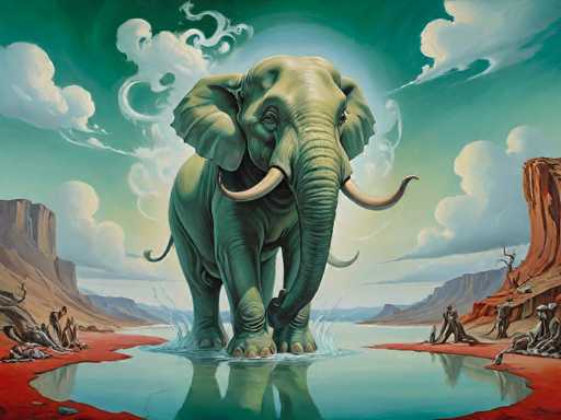 A majestic, large African elephant stands in a shallow, turquoise pool of water. The elephant is the focal point, positioned centrally and facing directly towards the viewer with a calm yet alert expression. Its skin is a muted, earthy green, and its large, floppy ears are partially obscuring its face. The elephant's tusks curve gracefully downwards and are partially submerged in the water. 

The background is a surreal, dreamlike landscape with towering, ochre-colored rock formations on either side of the pool. The sky is a vibrant teal and white, with swirling clouds that seem to emanate from behind the elephant. The water's surface reflects the sky and the elephant, creating a sense of depth and tranquility. 

On either side of the pool's edge, there are figures of human-like beings in a state of apparent reverence or contemplation. They appear to be kneeling or crouching, gazing at the elephant with a mix of awe and perhaps vulnerability. The overall color palette is muted yet vibrant, creating a sense of mystery and wonder. 

The lighting appears to be soft and diffused, possibly emanating from behind the clouds, casting a gentle glow on the elephant and the surrounding landscape. The scene evokes a sense of ancient power, harmony, and perhaps a connection to nature's grandeur.