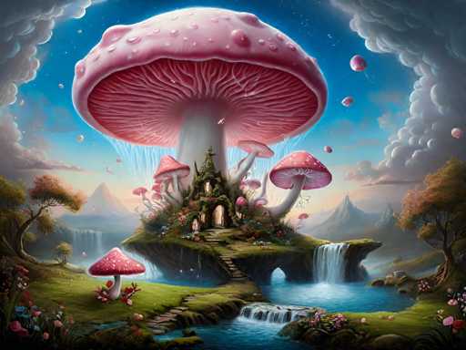 The image depicts a whimsical scene set in a fairy tale-like world. The main focus is a large pink mushroom with white spots on top, which serves as the centerpiece of the scene. Surrounding this mushroom are smaller mushrooms and flowers, adding to the magical atmosphere. A small stream flows through the center of the image, leading towards a castle made entirely of flowers in the background. The sky above is filled with clouds, suggesting an overcast day or perhaps a storm brewing.