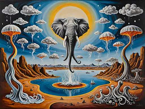 A surreal, dreamlike painting of an elephant standing in a fantastical landscape. The scene is dominated by a large, grey elephant with long, swirling tusks and a flowing, textured body. It stands in the center of a vibrant blue water feature that resembles a glowing pool or oasis, with white, cloud-like formations rising from the surface. The background features a warm, orange sky with swirling clouds and a large, bright yellow sun partially obscured by the clouds. 

The landscape is characterized by tall, orange rock formations that curve upwards, and a sandy ground with swirling patterns. Several fantastical creatures resembling jellyfish or sea-like beings are depicted, adding to the surreal atmosphere. Small boats and figures can be seen in the water, suggesting a sense of scale and wonder. The overall style is highly detailed and imaginative, with a focus on texture and light to create a dreamlike, otherworldly experience.