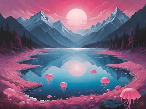 The image depicts a surreal landscape featuring pink mountains and a lake with floating jellyfish. The sky is painted in shades of pink and purple, creating an ethereal atmosphere. The perspective is from the shoreline, looking out towards the water.