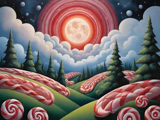 The image depicts a surreal, dreamlike landscape dominated by giant candy canes rolling across a green, hilly terrain. A large, glowing red moon with a crescent moon hangs in the sky, surrounded by swirling clouds and distant, smaller moons. Evergreen trees dot the landscape, creating a whimsical, fantastical scene with an illustrative art style emphasizing bold colors and soft gradients.