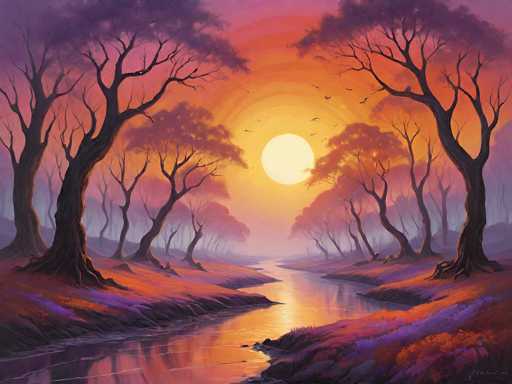 A serene, ethereal landscape painting of a tranquil river flowing through a valley at sunset. The scene is dominated by tall, bare trees with gnarled trunks and branches silhouetted against a vibrant, warm sky. The river's surface reflects the golden light of the setting sun, creating a shimmering, mirror-like effect. The ground surrounding the river is covered in soft, purple and orange hues, suggesting a magical or otherworldly atmosphere. A few birds are depicted flying in the sky, adding to the sense of peace and tranquility. The overall style is painterly, with a focus on soft lighting and atmospheric perspective, creating a dreamlike quality.