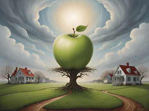 A surreal, dreamlike painting of a giant green apple perched atop an impossibly large tree in a vast, idyllic landscape. The apple is the focal point, radiating a soft glow and seemingly suspended in mid-air. The tree's roots delve deep into the ground, anchoring it to a lush green landscape dotted with quaint houses. The sky is filled with dramatic clouds, creating a sense of wonder and mystery. The overall style is fantastical and symbolic, inviting contemplation on themes of abundance, growth, and the unexpected.