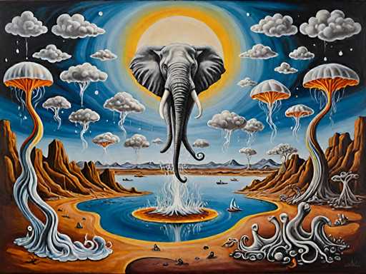 The image depicts an elephant with its trunk extended upwards and surrounded by floating mushrooms on either side of it. The elephant is positioned centrally within the frame, with a large body of water in the background that reflects the sky above. The painting style is realistic, with attention to detail and accurate representation of the natural elements.