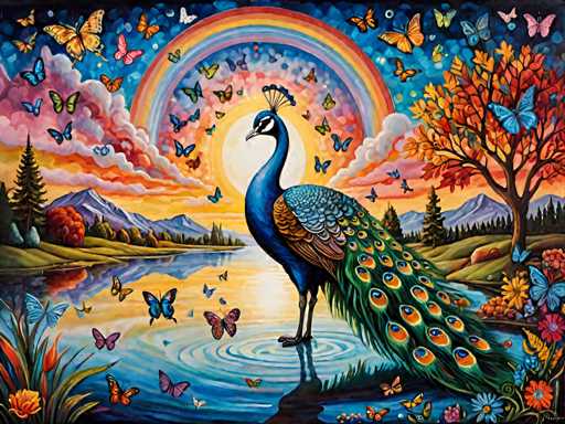 The image depicts a peacock standing on one leg with its head tilted back and wings spread wide, surrounded by a vibrant array of butterflies and other colorful birds flying around it. The scene is set against a backdrop of a rainbow arching over the water, creating a sense of harmony between nature's elements.