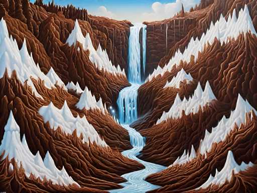 The image depicts a serene landscape featuring a majestic waterfall cascading down the side of a mountain range. The mountains, painted in shades of brown and white, rise high into the sky with their peaks dusted with snow. The water of the waterfall is a light blue color that contrasts beautifully with the surrounding terrain. The painting style is realistic, capturing the intricate details of nature's elements.