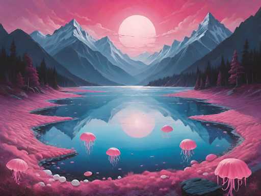 This image is a detailed, computer-generated painting of a surreal landscape. The scene features a large, reflective body of water, possibly a lake or pond, with a pinkish hue. Pink jellyfish float gracefully on the water's surface, while the shoreline is adorned with pink grass and scattered white rocks. The water mirrors the sky above, which is a striking pink color with a large, glowing white sun at its center. Surrounding the water are majestic mountains, their peaks capped with snow, and flanked by dense forests of dark green trees. The entire scene is bathed in a pinkish tint, creating a dreamlike and otherworldly atmosphere.
