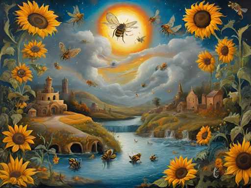 This vibrant painting depicts a fantastical, idyllic landscape bathed in a warm, golden light. The central focus is on a large, glowing sun partially obscured by swirling clouds, with numerous bees and butterflies flitting around. A quaint, fairytale-like village nestles in the valley below, with a winding river flowing through it. The overall style is highly detailed and dreamlike, emphasizing a sense of peaceful fantasy with an emphasis on organic forms.