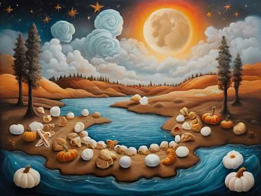 The image depicts an autumn scene with a large full moon and stars in the sky, surrounded by trees and a river filled with white eggs and breads floating on its surface. The colors used are predominantly orange, brown, and blue, creating a warm and inviting atmosphere.