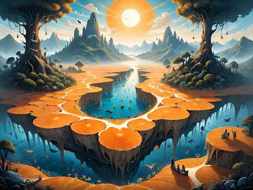 A breathtaking, surreal landscape unfolds in a vibrant digital painting. The scene is dominated by floating islands of orange, circular platforms, each adorned with lush greenery and intricate root systems that cascade into a deep blue, still water below. These islands are suspended in a vast, serene landscape under a warm, golden sun that hangs low in the sky. 

The islands are connected by winding waterways, creating a network of interconnected floating realms. Tall, fantastical trees with gnarled trunks and vibrant foliage sprout from the edges of these platforms, their roots seemingly anchoring them to an unseen world. 

In the distance, majestic mountains rise in soft, hazy blues and purples, their peaks shrouded in a gentle mist. A few small figures are visible on the islands, adding a sense of scale and wonder to the scene. 

The overall color palette is warm and inviting, with hues of orange, blue, and gold creating a dreamlike atmosphere. The lighting is soft and diffused, casting gentle shadows that enhance the depth and texture of the landscape. 

The artwork evokes a sense of tranquility, mystery, and otherworldly beauty, inviting viewers to step into this fantastical realm.