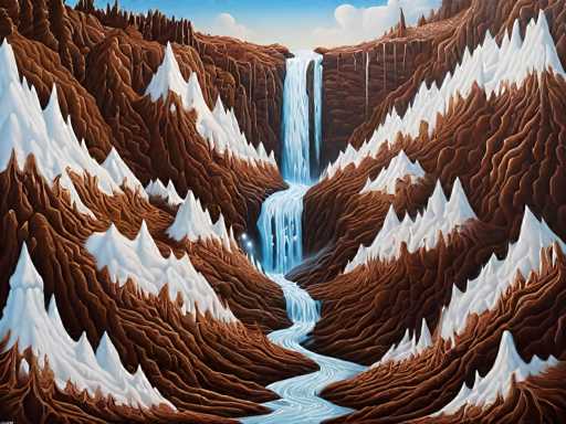 This image is a detailed, computer-generated painting of a majestic mountain range. The mountains are predominantly brown, with their peaks capped in pristine white snow. A striking feature of the scene is a grand waterfall cascading down the center, flowing from the top of the mountains and winding its way through the middle of the range. The waterfall's light blue water contrasts beautifully with the brown and white landscape. Above, the sky is a clear blue adorned with fluffy white clouds, adding to the serene atmosphere. The entire composition is framed within a square format, capturing the grandeur and tranquility of this mountainous landscape.