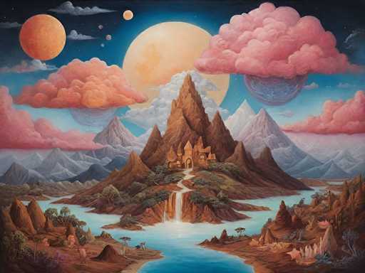 A vibrant, fantastical landscape painting in a digital art style. The scene depicts a mountainous valley with towering, reddish-brown peaks and lush greenery nestled in the valleys. A winding river of bright blue water flows through the valley, cascading down into a serene lake at the base of the mountains. 

The sky is filled with large, pink and orange celestial bodies – a full moon-like orb on the left and another smaller one in the distance. Fluffy, pink clouds drift across a deep blue sky with hints of purple and white in the background. 

A small, whimsical village sits nestled amongst the mountainside, with colorful houses and a charming bridge connecting them. A lone figure in a red robe stands on the path, gazing at the landscape. 

The overall style is dreamlike and otherworldly, with a focus on soft lighting and vibrant colors. The painting evokes a sense of peace and wonder, inviting the viewer to step into this fantastical world.