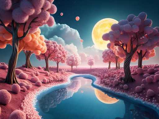 A dreamy, surreal landscape bathed in the soft glow of a large, pale yellow moon. The scene is dominated by whimsical, pink and purple trees with rounded, fluffy canopies, their trunks adorned with a soft, textured surface. The ground is covered in a similar pink and purple material, resembling soft, rounded pebbles or moss. A winding river, reflecting the moon's light and the sky above, meanders through the landscape. The sky is a blend of deep blues and soft pinks, with fluffy clouds drifting in the distance. A few glowing orbs float in the sky, adding to the magical atmosphere. The overall style is fantastical and dreamlike, with a focus on soft lighting and pastel colors.