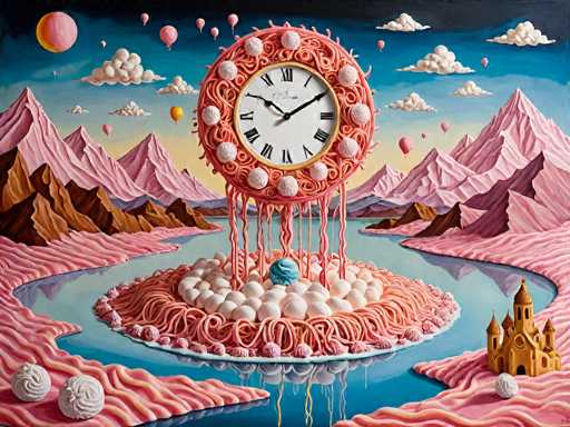 This surreal, computer-generated image features a fantastical landscape dominated by a large, melting clock. The clock, adorned with Roman numerals and surrounded by intricate swirls and pink balls, sits atop a circular island made of pink noodles. The clock's hands point to 10:10, and it appears to be dripping like a melting cake. The island is surrounded by a body of water, with pink and brown mountains in the background. The sky is a gradient of blue, dotted with white clouds and pink balloons. In the top left corner, a pink moon adds to the dreamlike atmosphere. On the bottom right, a small, golden castle with pink-tipped towers stands on a pink island, completing this whimsical and surreal scene.