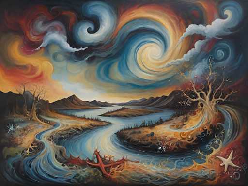 This captivating painting, reminiscent of Vincent van Gogh's style, features a dynamic and swirling sky filled with vibrant hues of red, orange, yellow, blue, and white. The sky's intricate swirls create a mesmerizing effect, drawing the viewer's eye across the canvas. Below, a winding river meanders through the landscape, flanked by barren trees on both sides. The river's path is not straightforward; it curves and splits into two branches before rejoining, creating a complex and engaging visual flow. In the bottom right corner, a starfish adds an unexpected touch of marine life to the scene. The overall composition is both chaotic and harmonious, with the swirling patterns of the sky contrasting beautifully against the stillness of the river and the starkness of the trees.