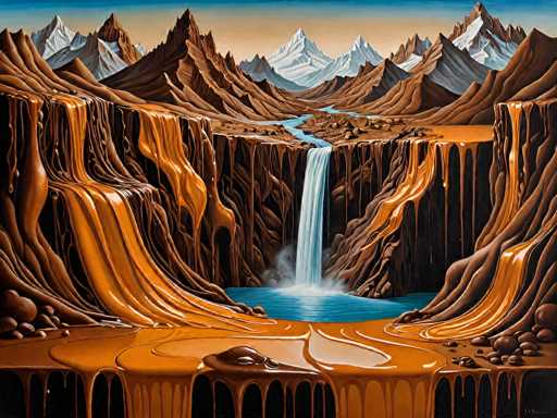 A surreal, dreamlike landscape with a cascading waterfall flowing into a pool of viscous, golden liquid. The scene is dominated by towering, brown, organic-looking rock formations that resemble solidified honey or caramel. The liquid's surface is smooth and reflective, with subtle ripples catching the light. In the distance, snow-capped mountains rise under a muted sky, creating a sense of vastness and otherworldly beauty. The overall color palette is warm and earthy, with the golden liquid contrasting against the darker brown rocks and the cool blue of the waterfall. The lighting is soft and diffused, enhancing the dreamlike quality of the scene.