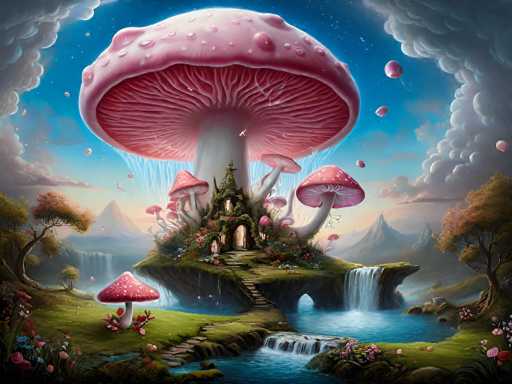 This digital artwork depicts a fantastical, dreamlike landscape centered around a colossal pink mushroom with a white stem, towering over a lush, grassy island. The mushroom's cap is adorned with water droplets, and its underside reveals intricate gills. At the base of this giant mushroom, a quaint cottage with a pointed roof and a small door nestles among smaller pink mushrooms, creating a whimsical village. Surrounding the island are vibrant flowers and trees, adding to the enchanting atmosphere. A stone pathway meanders up to the cottage, leading through a small archway in the island's base. The scene is set against a backdrop of majestic mountains and a sky filled with clouds, with stars twinkling above. A serene lake lies at the bottom of the image, completing this magical and serene setting.