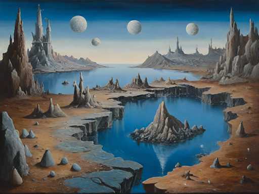 This image depicts a surreal, otherworldly landscape that appears to be an artist's rendition of an alien planet. The scene is dominated by a vast, blue body of water that stretches across the foreground, with a small island at its center. Surrounding the water are jagged, spiky rock formations and cliffs, creating a rugged terrain. The ground is a mix of brown dirt and gray rocks, with some areas appearing almost wooden. 

In the background, there are several tall, spiky buildings that resemble castles or towers, adding to the fantastical atmosphere. The sky is a gradient of dark blue at the top, transitioning to lighter blue and white near the horizon. Most strikingly, the sky features four large, white celestial bodies that resemble moons, floating above the landscape. The overall color palette includes shades of blue, white, gray, brown, and tan, contributing to the alien and serene ambiance of the scene.