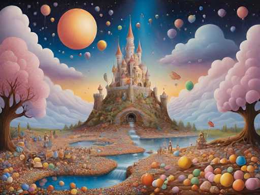This vibrant, fantastical painting depicts a whimsical castle set on a hill, surrounded by a surreal landscape. The castle, adorned with numerous towers and turrets, features a grand arched entrance at its base, from which a river flows, creating a moat-like effect. The scene is framed by two cherry blossom trees, one on each side, their pink blossoms adding a touch of elegance. The sky above is a mesmerizing blend of dark blue and purple hues, dotted with an array of colorful planets and floating balloons in shades of orange, yellow, pink, and purple. The ground is a mosaic of multicolored pebbles and rocks, interspersed with large, egg-shaped boulders in vibrant colors like orange, yellow, pink, and green. The entire scene exudes a dreamlike quality, with a touch of fantasy reminiscent of a child's imaginative play.