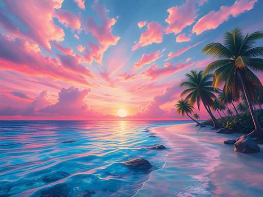 This image is a detailed, computer-generated depiction of a serene tropical beach at sunset. The scene features a vibrant sky filled with clouds that transition from a deep blue at the top to a warm pink near the horizon, where the sun is setting. The sun's rays reflect off the calm, blue ocean, creating a shimmering pathway of light that extends towards the viewer. On the right side of the image, a sandy beach is visible, adorned with several palm trees and patches of green foliage. The beach curves gently, and the water laps softly against the shore, with a few rocks scattered along the water's edge. The overall atmosphere is one of tranquility and natural beauty, with the interplay of light and color enhancing the idyllic setting.