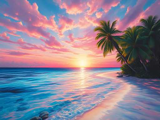 A breathtaking, vibrant sunset over a tropical beach. The sky is ablaze with hues of pink, orange, and purple, with soft clouds reflecting the warm colors. The ocean is a mix of deep blues and turquoise, with gentle waves lapping at the shore. Palm trees line the beach, their fronds swaying in the warm breeze. The sand is a soft, golden color, and a few rocks are scattered along the shoreline. The overall mood is serene and peaceful, capturing the beauty of a tropical paradise at sunset.