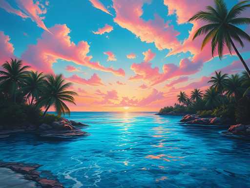 This image is a detailed, computer-generated depiction of a tropical sunset over a serene ocean. The sky is a vibrant blue, adorned with clouds that are tinged with shades of pink, orange, and purple, creating a stunning gradient effect. The sun, positioned just above the horizon, casts a warm, golden glow across the scene, reflecting beautifully on the calm, blue water below. The water is clear and tranquil, with gentle ripples that enhance the peaceful ambiance. On either side of the image, there are rocky outcroppings and lush greenery, including tall palm trees and other tropical vegetation. The overall composition captures the essence of a tranquil tropical paradise, with no people or text present, allowing the natural beauty of the sunset and its surroundings to take center stage.