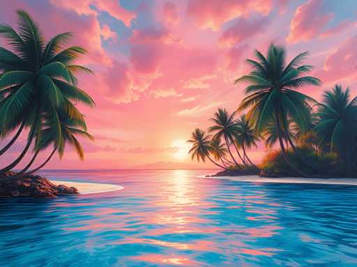 This image is a detailed, computer-generated painting of a serene tropical beach at sunset. The scene features a calm, blue ocean with gentle ripples reflecting the vibrant colors of the sky. On the left side of the image, a small rocky island with a few palm trees stands prominently. To the right, a larger sandy beach is adorned with more palm trees and lush greenery, including bushes and shrubs. The sky is a stunning blend of pink, purple, and blue hues, with the sun setting on the horizon, casting a warm glow across the water. The overall atmosphere is tranquil and picturesque, capturing the essence of a perfect tropical paradise.