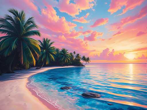 This image depicts a serene tropical beach at sunset. The sky is a stunning blend of blue, pink, and yellow hues, with the sun setting on the right side of the horizon. The beach curves gracefully from the bottom left corner, extending towards the center of the image, and is lined with lush palm trees that create a natural arch. The water is a clear, vibrant blue, reflecting the sky's colors and the setting sun. Scattered rocks are visible in the shallow water near the shore. The overall scene is devoid of people, emphasizing the tranquil and untouched beauty of this tropical paradise.