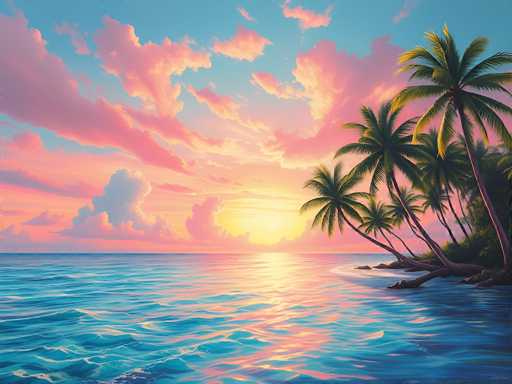 This image is a detailed painting of a tropical beach at sunset. The scene features a serene ocean with gentle waves, reflecting the vibrant colors of the sky. The sky is a stunning blend of blue, pink, and yellow hues, with the sun positioned just above the horizon, casting a warm glow across the landscape. The clouds are tinged with pink and orange, adding to the picturesque quality of the scene.

On the right side of the image, there is a small, sandy beach area adorned with several palm trees. These palm trees have brown trunks and lush green fronds, some of which are leaning towards the ocean. Behind the palm trees, there is a dense cluster of green bushes, adding depth and texture to the scene. The overall composition captures the tranquil beauty of a tropical paradise, with the interplay of light and color creating a peaceful and inviting atmosphere.