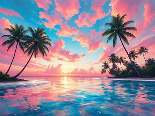 This image is a detailed, computer-generated painting of a serene tropical beach at sunset. The scene features a calm ocean with gentle waves lapping against the shore, reflecting the vibrant colors of the sky. The sky is a stunning blend of blue, pink, and purple hues, with fluffy clouds tinged with pink and orange, creating a picturesque backdrop. The sun is setting on the horizon, casting a warm glow across the landscape.

On the left side of the image, there is a small island with two tall palm trees and some green bushes. On the right side, there is a larger island with multiple palm trees, additional greenery, and a sandy beach. The entire scene is devoid of any human presence, emphasizing the untouched beauty of nature. The overall composition captures the tranquil and idyllic essence of a tropical paradise, with the interplay of light and color creating a mesmerizing visual experience.
