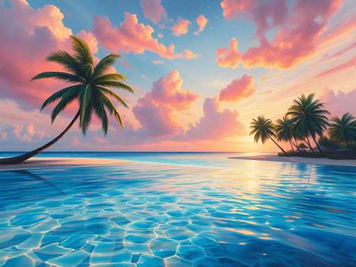 The image depicts a serene tropical beach scene with palm trees and the ocean. The sky is painted in shades of pink and orange, creating a warm and inviting atmosphere. The water is a beautiful shade of blue, reflecting the colors of the sky above. In the foreground, there are two palm trees standing tall on the sandy shoreline.