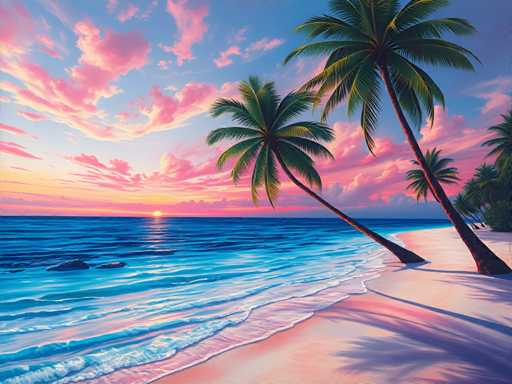 The image depicts a serene tropical beach scene with two palm trees standing on the right side of the frame and the vast ocean stretching out towards the horizon under a pink sky dotted with white clouds. The colors in the painting are predominantly blue, green, and pink, creating a harmonious and tranquil atmosphere.